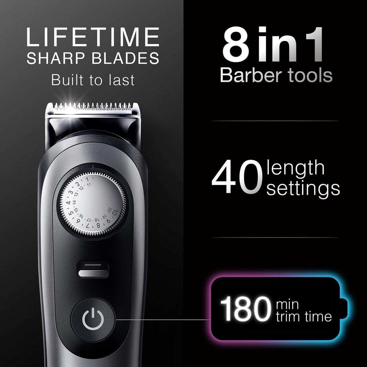 All-in-One Trimmer for Men , Cordless with 180-Min Runtime, Lifetime Sharp Metal Blades, Waterproof, Precision Comb, 50+ Length Settings, Premium Case, 8-in-1