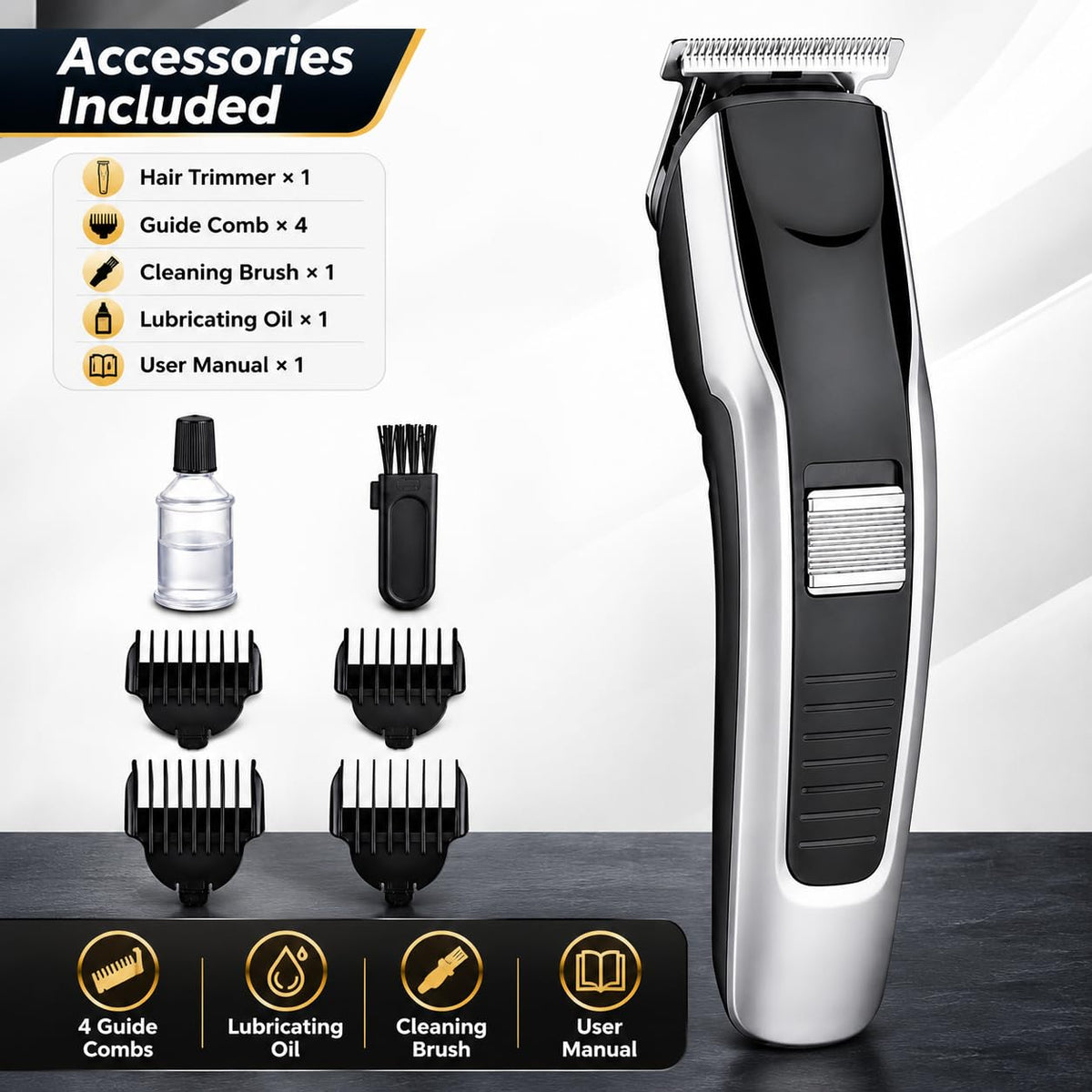 HTC AT-538 Professional Rechargeable Hair Clipper Trimmer | Cordless Design, T-Blade Precision, For Men, Black & Silver