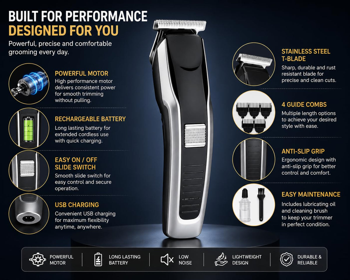 HTC AT-538 Professional Rechargeable Hair Clipper Trimmer | Cordless Design, T-Blade Precision, For Men, Black & Silver