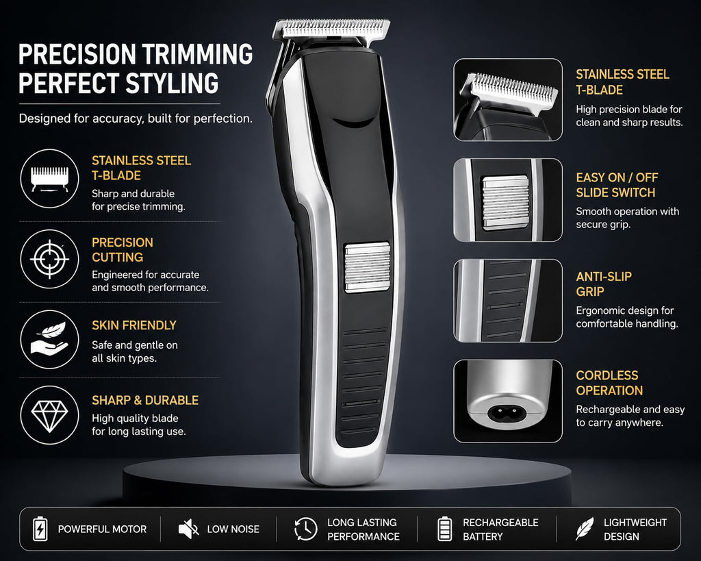 HTC AT-538 Professional Rechargeable Hair Clipper Trimmer | Cordless Design, T-Blade Precision, For Men, Black & Silver