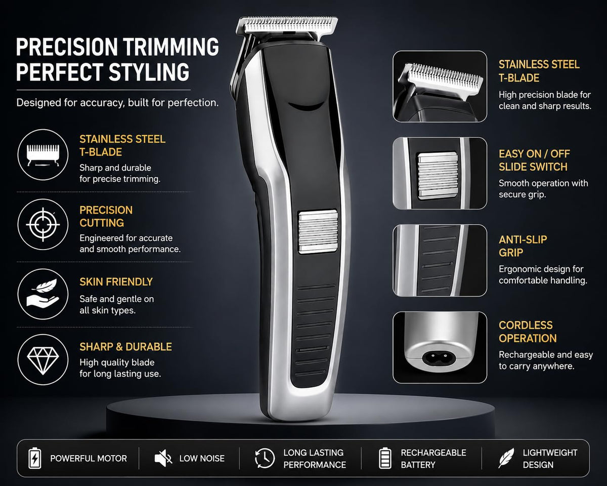 HTC AT-538 Professional Rechargeable Hair Clipper Trimmer | Cordless Design, T-Blade Precision, For Men, Black & Silver